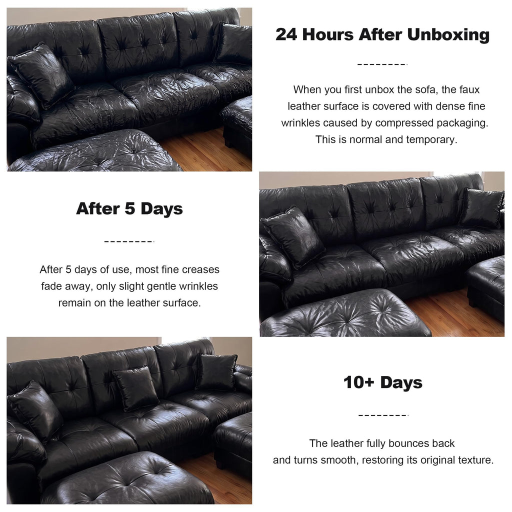 124" Black Leather U Shape Cloud Couch, 3 Seat Modular Sectional Sofa