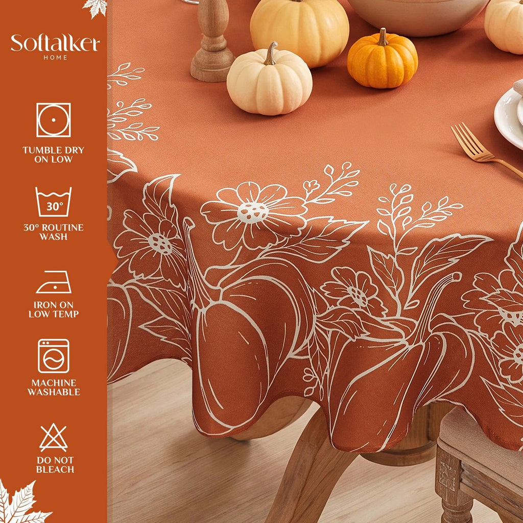 Faux Linen Round Fall Tablecloth 70 Inch, Autumn Table Cloth with Pumpkin & Maple Leaves, Orange Circle Table Cover