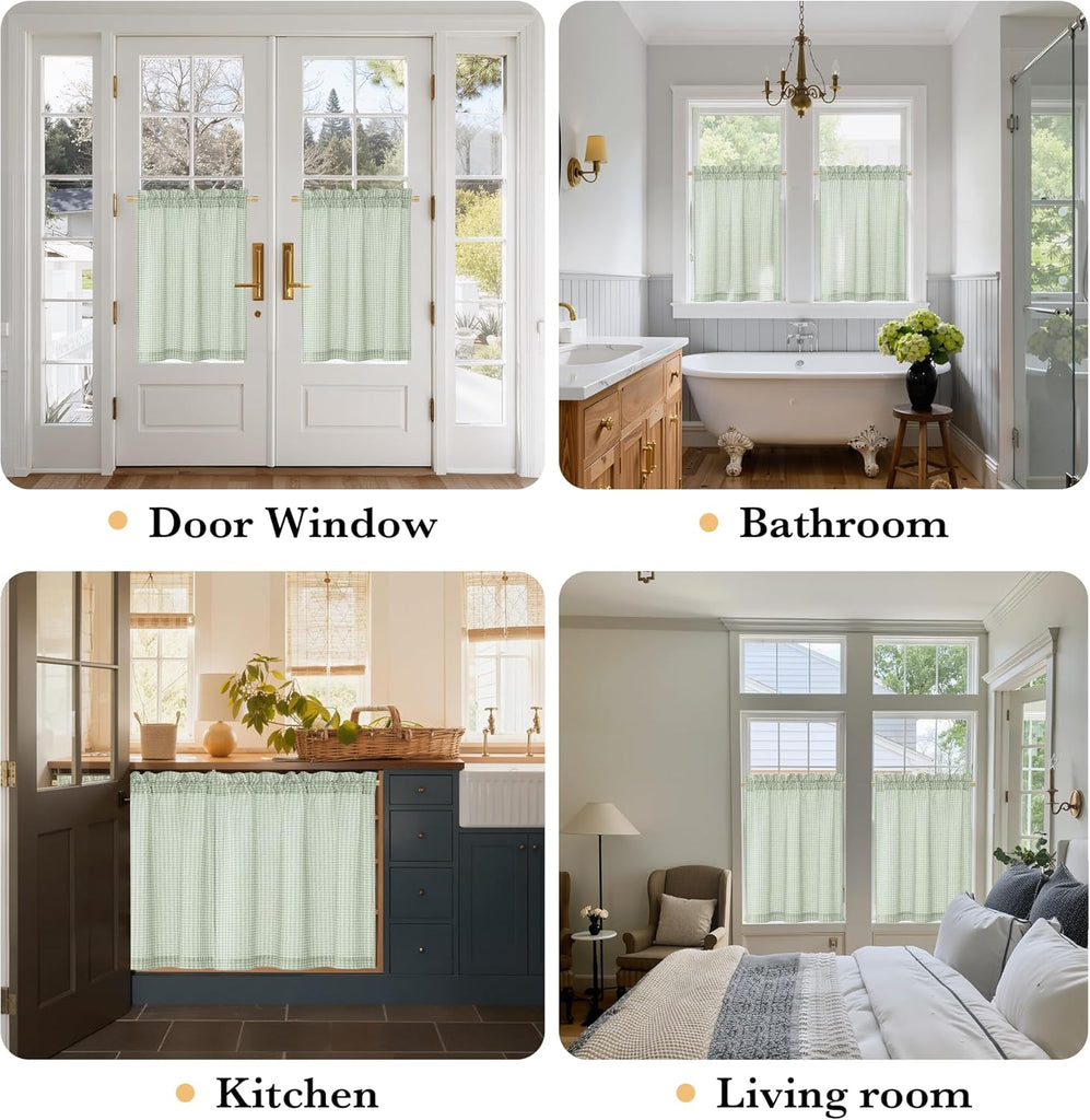 Sheer Linen Curtains 24 Inch Length, Light Green Plaid Cafe Curtains for Living Room Bedroom, Farmhouse Bathroom