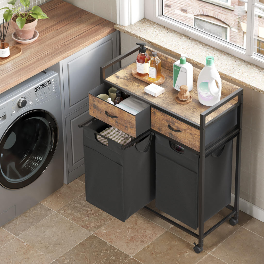 Laundry Sorter 2 Section with 2 Bags 4 Wheels 2 Drawers