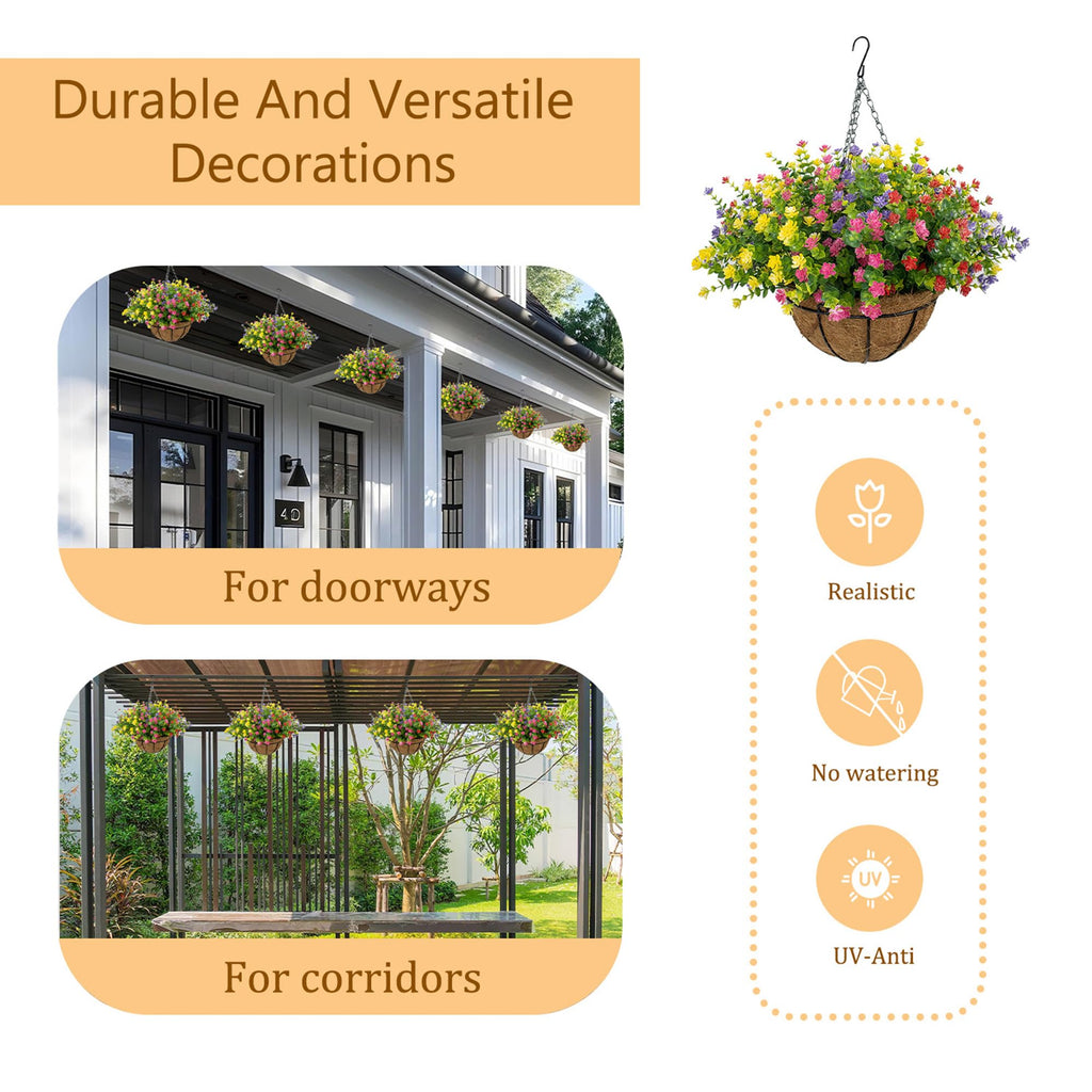 Artificial Hanging Flowers Basket for Outdoor, 16 Fake Flowers Look Real UV Resistant, Faux Hanging Plants for Porch