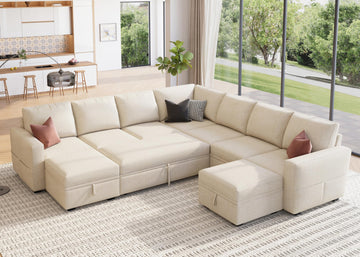Modular Sectional Sleeper Sofa with Pull Out Couch, Oversized U Shaped Sleeper Pull Out Bed with Storage Sectional