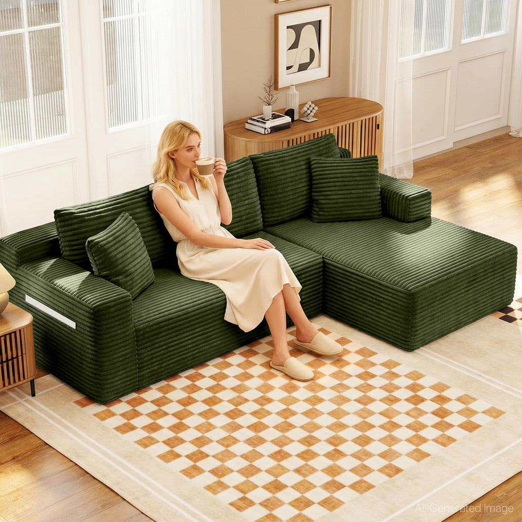 94.5" L-Shaped Minimalist Boneless Sofa (Green, Right)