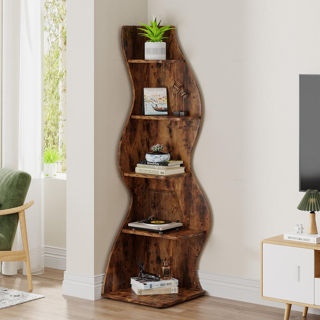 Corner Shelf, Rustic 5-Tier Wall Corner Bookshelf, Stylish Corner Small Bookcase Storage Rack Plant Stand with Unique