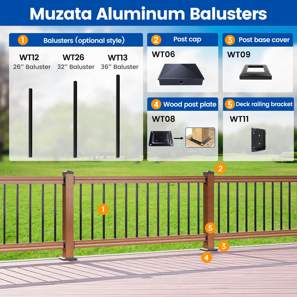 50 Pack 26" Black Aluminum Square Deck Balusters WT12