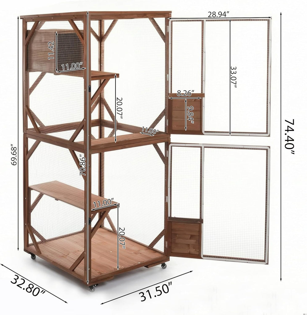 2-Tier Outdoor Cat Cage, Lockable Wheels & 3 Lockable Doors