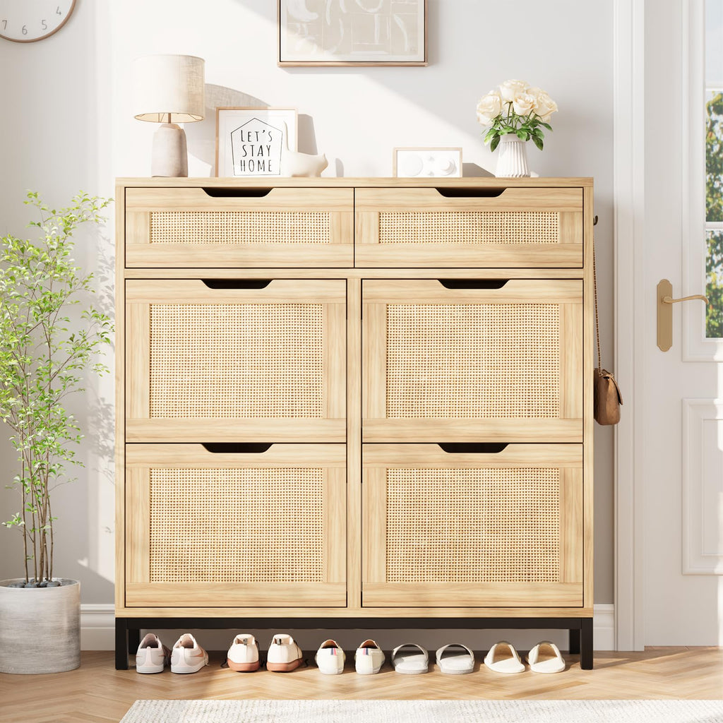 Rattan Shoe Cabinet, Boho Shoe Storage Cabinet with 4 Flip Drawers and 2 Drawers, Narrow Freestanding Shoe Rack with