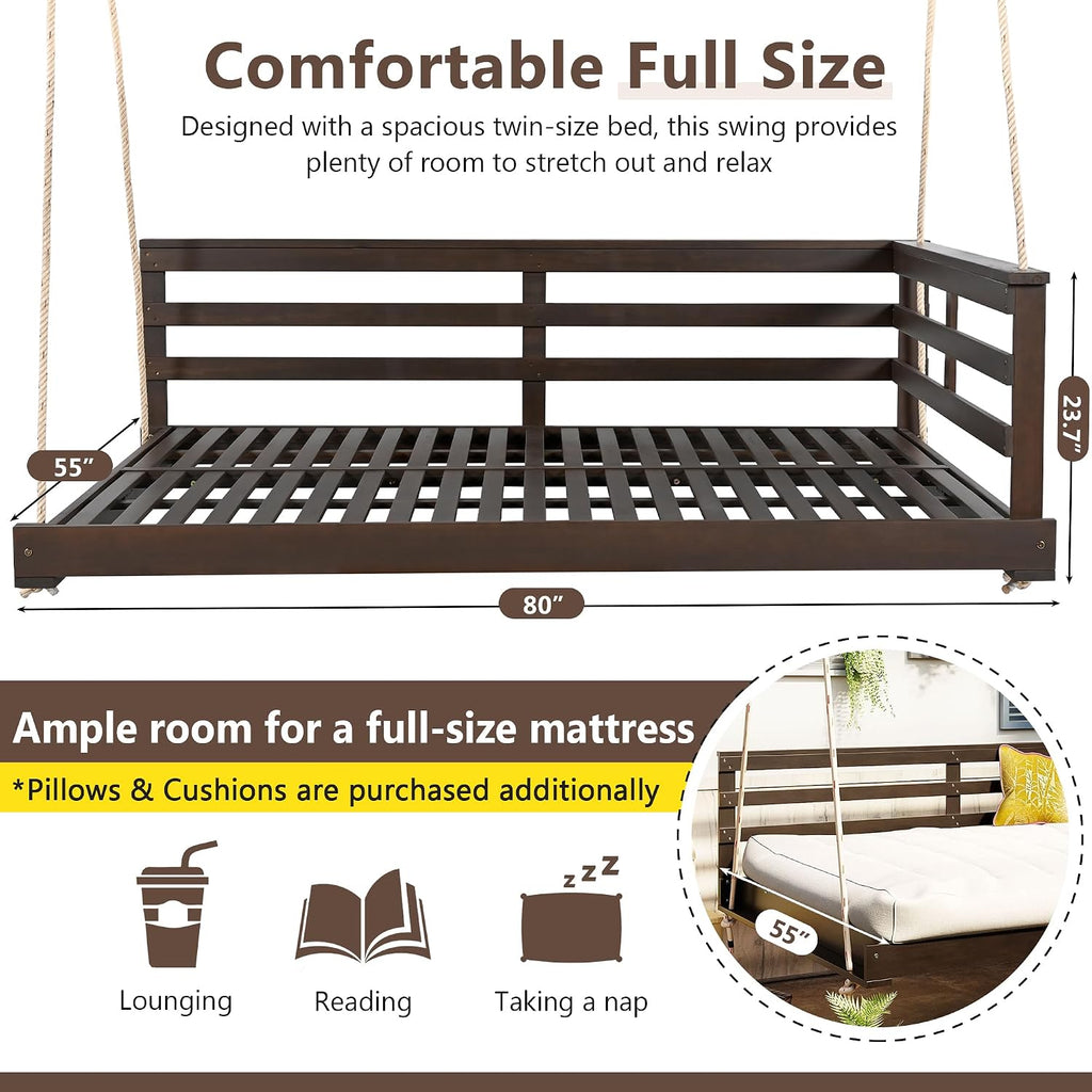 Acacia Wood Porch Swing Bed with Hemp Ropes, Full Size Outdoor Hanging Bed, 350 lb Capacity, Open-Side Minimalist