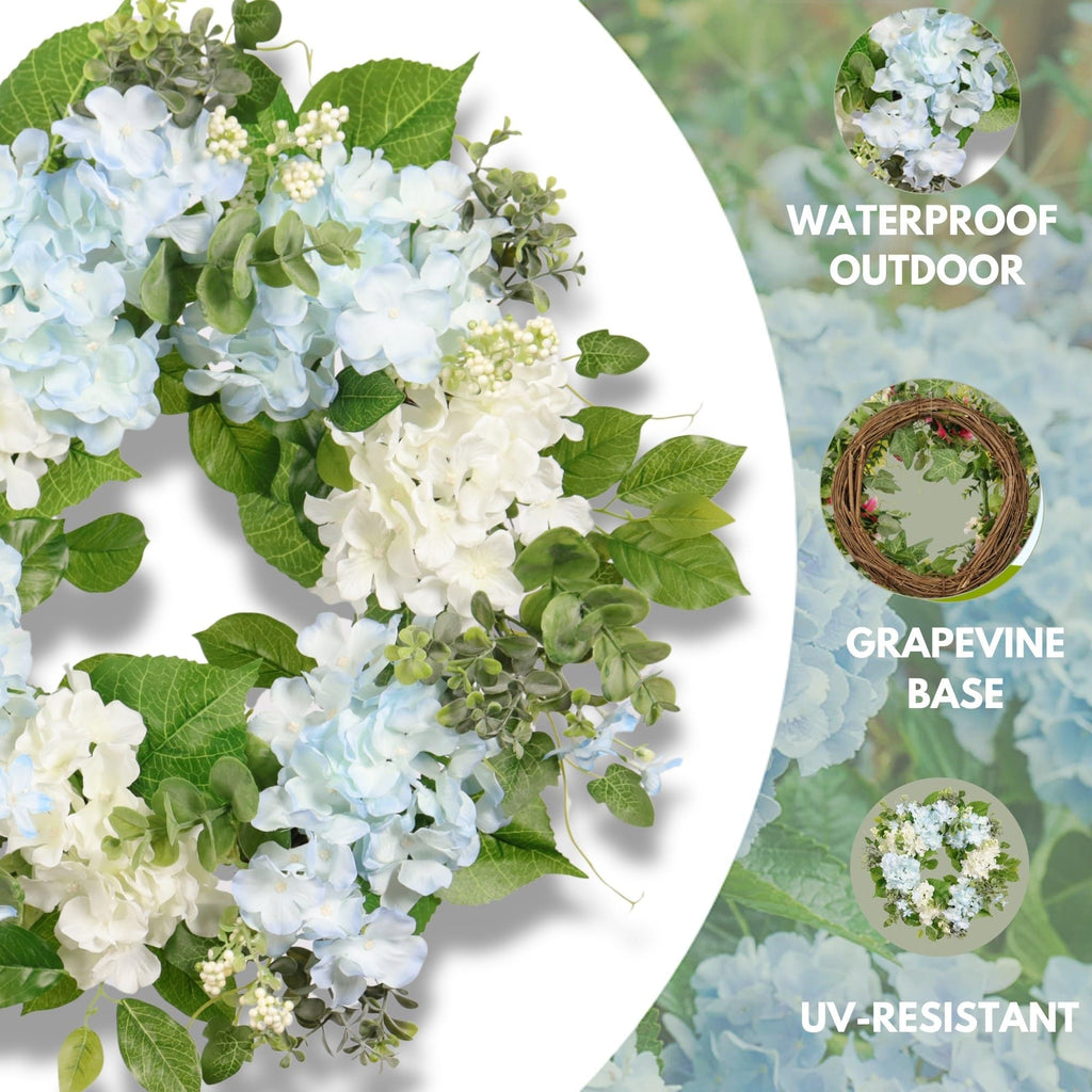 Spring Wreath Artificial Hydrangea Eucalyptus 20IN, Light Blue White Green, Spring Easter Summer Front Door Wall