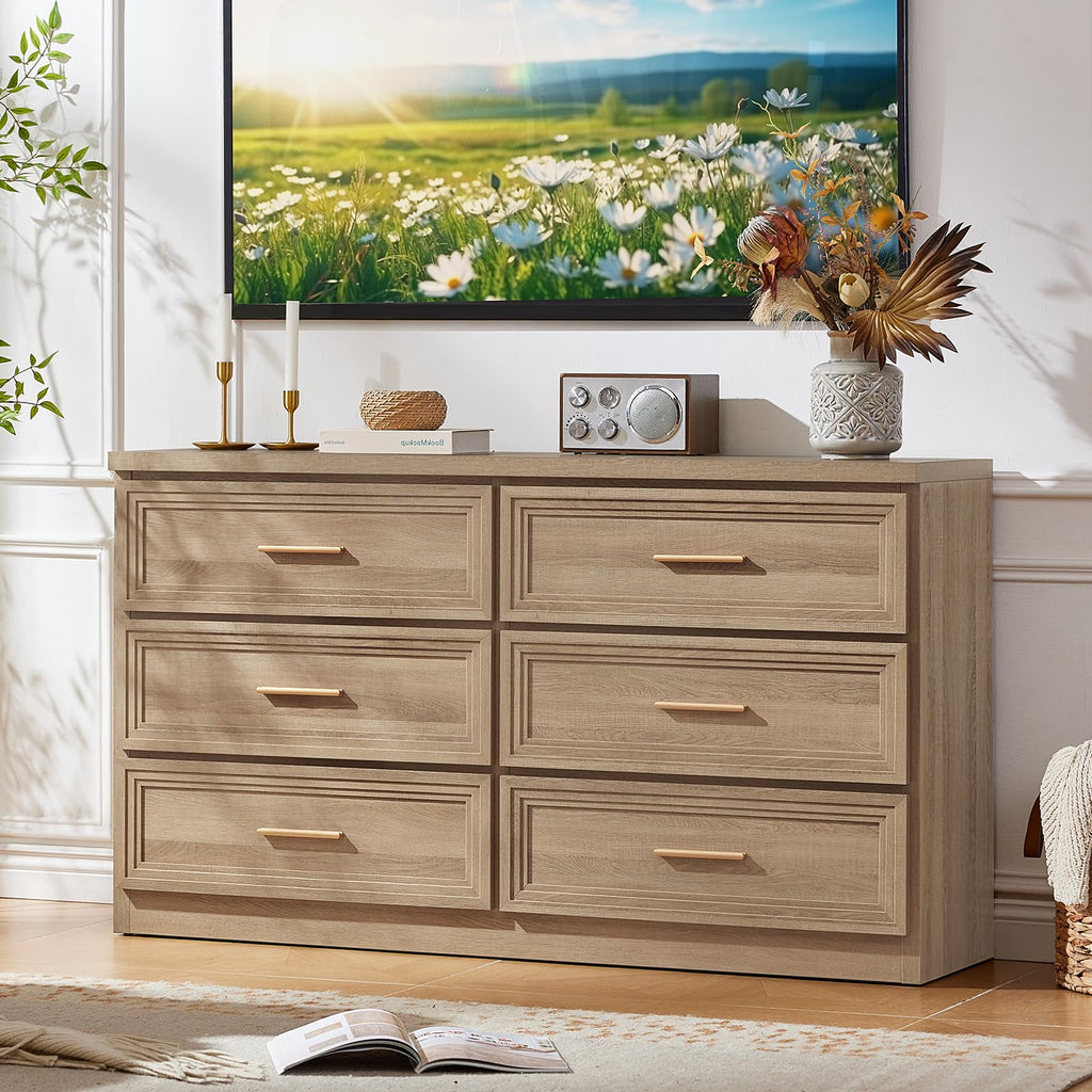 55.1" Wide Farmhouse 6 Drawers Dresser, Oak
