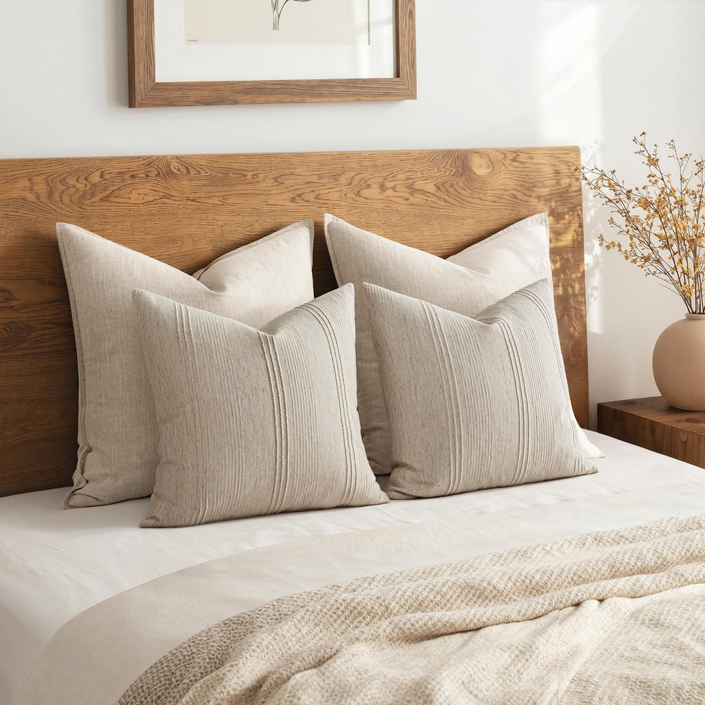 Decorative Striped Throw Pillow Covers 22x22 in Natural Linen 2 Pack