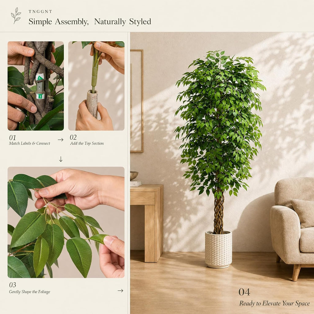 Ficus Tree:6FT Tall Faux Silk Floor Plant (White Planter)