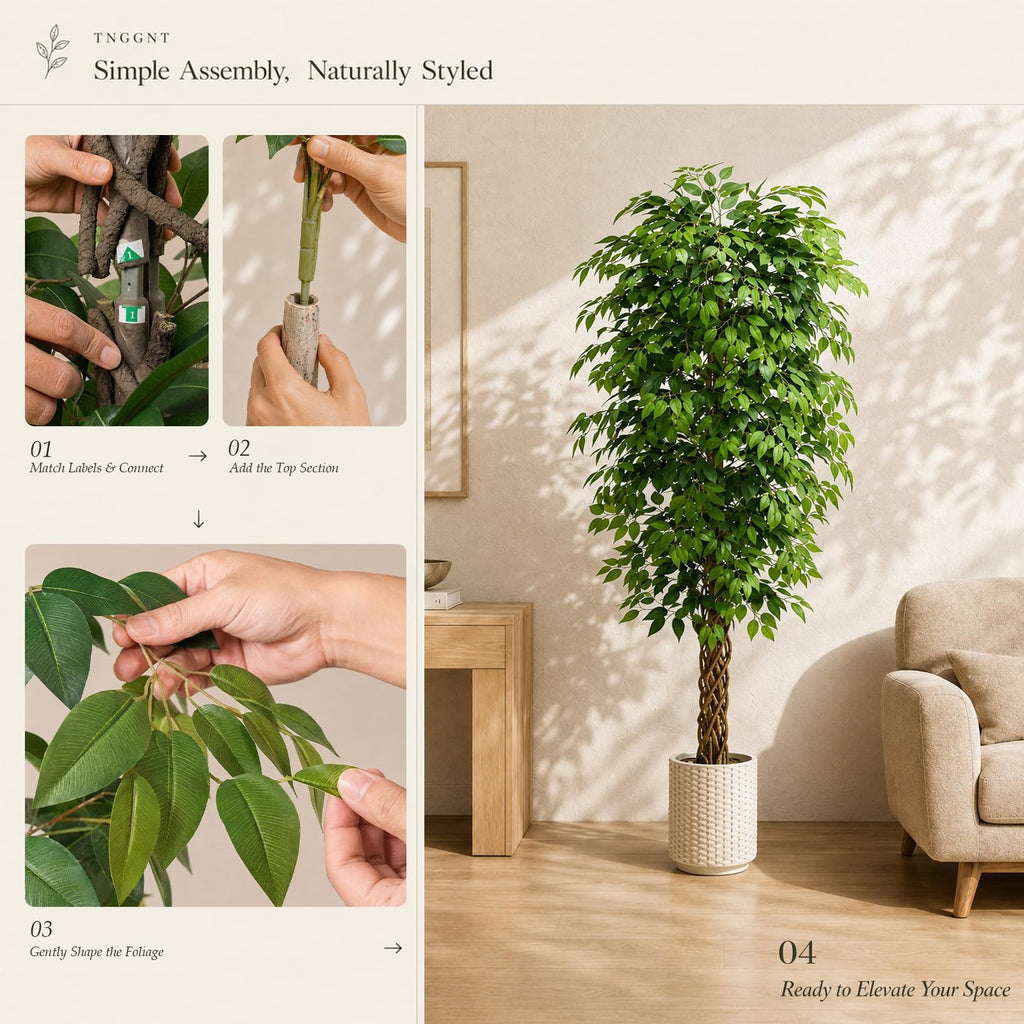 Artificial Ficus Tree:7FT Tall Faux Silk Floor Plant (White Planter)