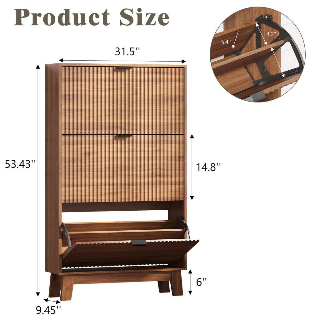 Shoe Cabinet Storage with 3 Flip Drawers, Fluted Narrow Shoe Organizer with Wooden Legs, Freestanding Slim Shoe