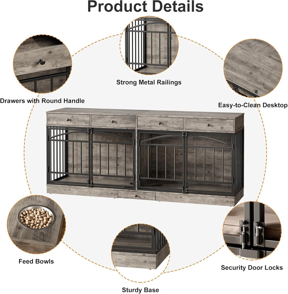 Dog Crate Furniture for 2 Dogs, Dog Kennel Indoor with 4 Storage Drawers and Feeding Bowls