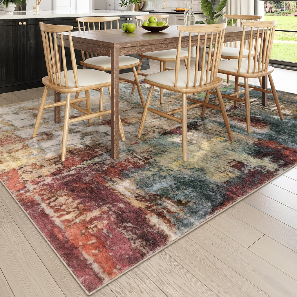 Modern Abstract Living Room Rug 8x10, Washable 8x10 Area Rugs for Bedroom Stain Resistant Non Slip, Large Red Soft