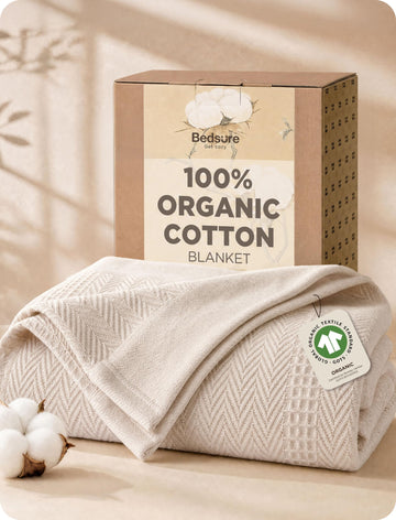 PureWoven 100% Organic Cotton Waffle Bed Blanket, Warm Beige