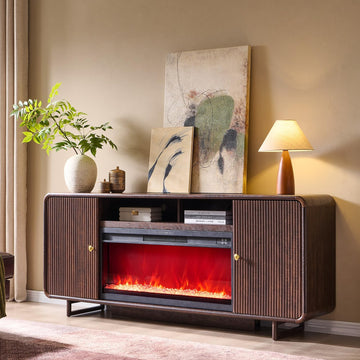 70 Inch Modern Fireplace TV Stand for TVs up to 80 Inches, Fluted Entertainment Center with 36 Inch Electric Fireplace, Curved Wood Media Console with Adjustable Shelves, Brown