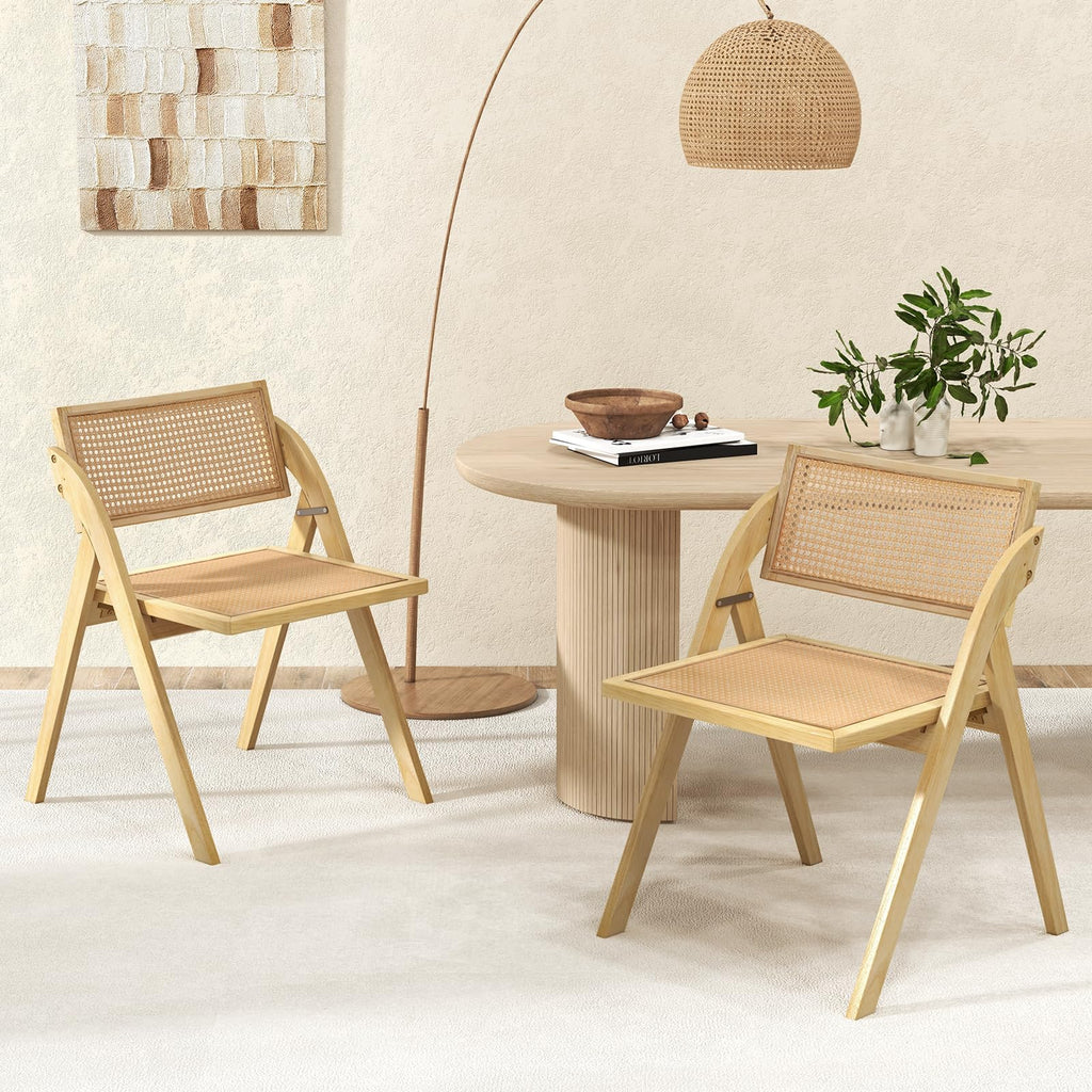 Folding Dining Chairs Set of 2, Wooden Folding Chair with Rattan Backrest & Seat, Sturdy Rubber Wood Frame, Armless