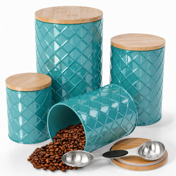 Coastal Teal Metal Canister Set for the Kitchen with Measuring Spoon, Food Canister Set of 4, Airtight Lids, Sugar