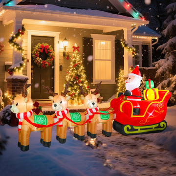 12FT Christmas Inflatable Outdoor Santa Claus on Sleigh & Reindeer Decor