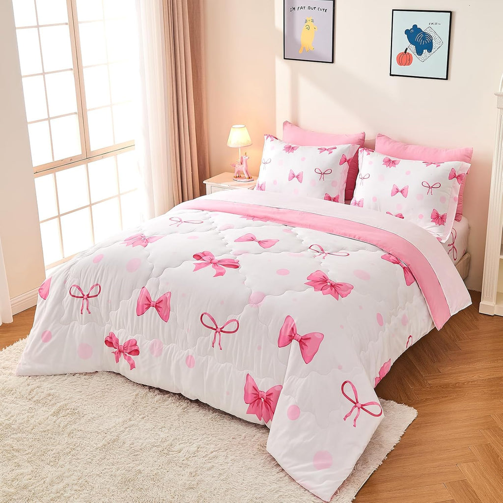 7 Piece Pink Bow Bedding Set for Girls Kids Twin Comforter Set with Sheet and 2 Pillowcases 2 Pillow Shams Cute Girls