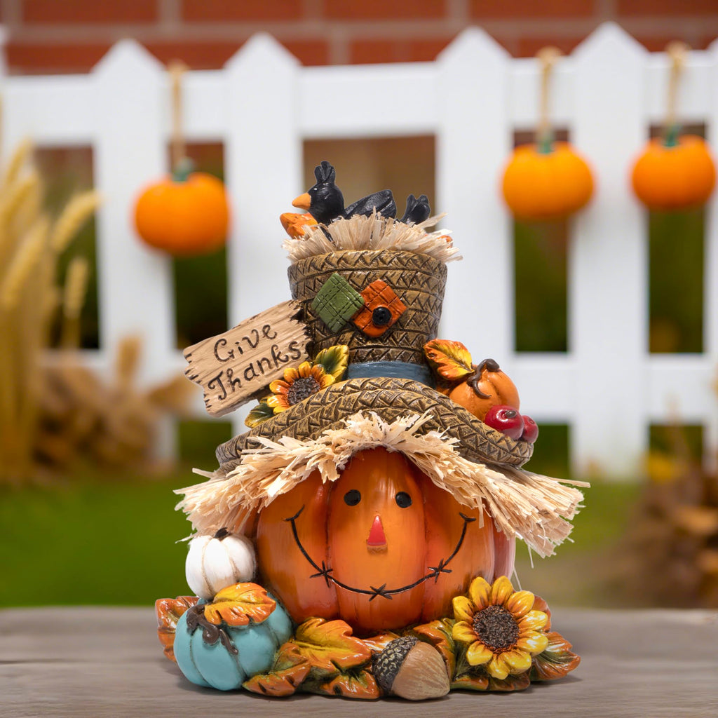 Fall Pumpkin Figurine with Give Thanks Sign, Thanksgiving Decorations