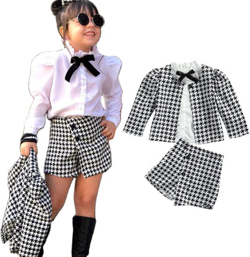 3PCS Toddler Baby Girl Ruffle Collar Button-Down Shirt + Long Sleeve Plaid Cardigan + Houndstooth Shorts Sets