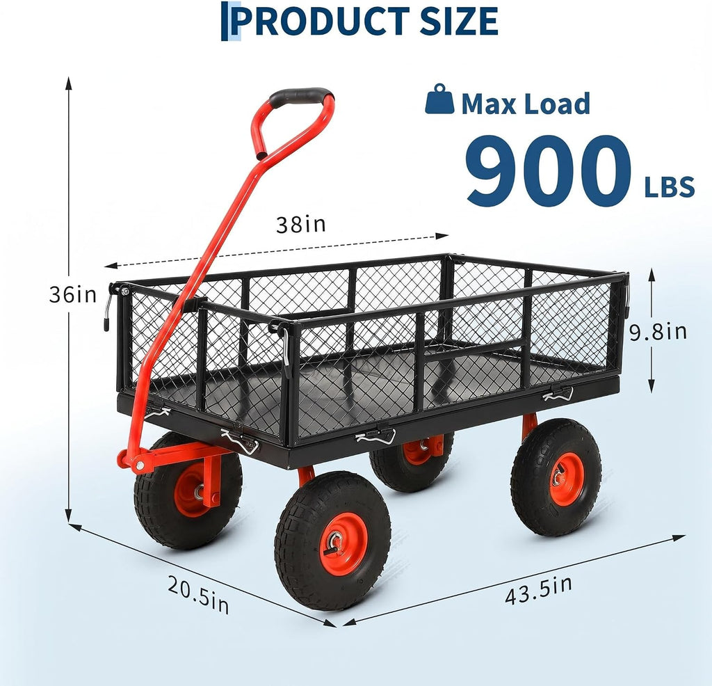 900 LB Garden Cart, Heavy Duty Metal Utility Garden Wagon Cart. Red | 13 in All Terrain Tires, 4-in-1 Yard Wagon Cart