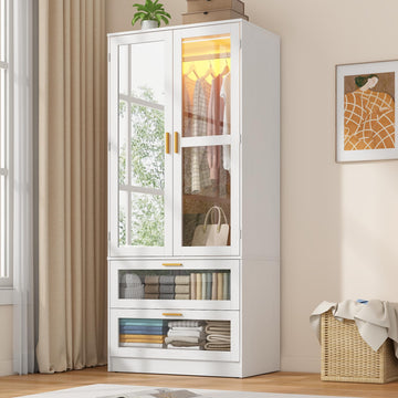 2 Doors Armoire Wardrobe Closet with LED and Mirror, 71" H Freestanding Wooden Wardrobe Closet Cabinet w 2