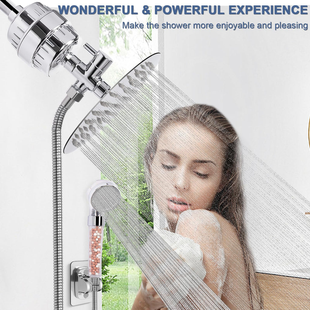 Filter Shower Head, High Pressure 8 Inch Rainfull with Filter Combo for Hard Water, Remove Chlorine Fluoride and