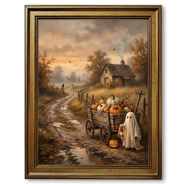 Retro Gold Frame Vintage Halloween Wall Art Ghost Pumpkin Wagon Poster Autumn Landscape Canvas Print Rustic