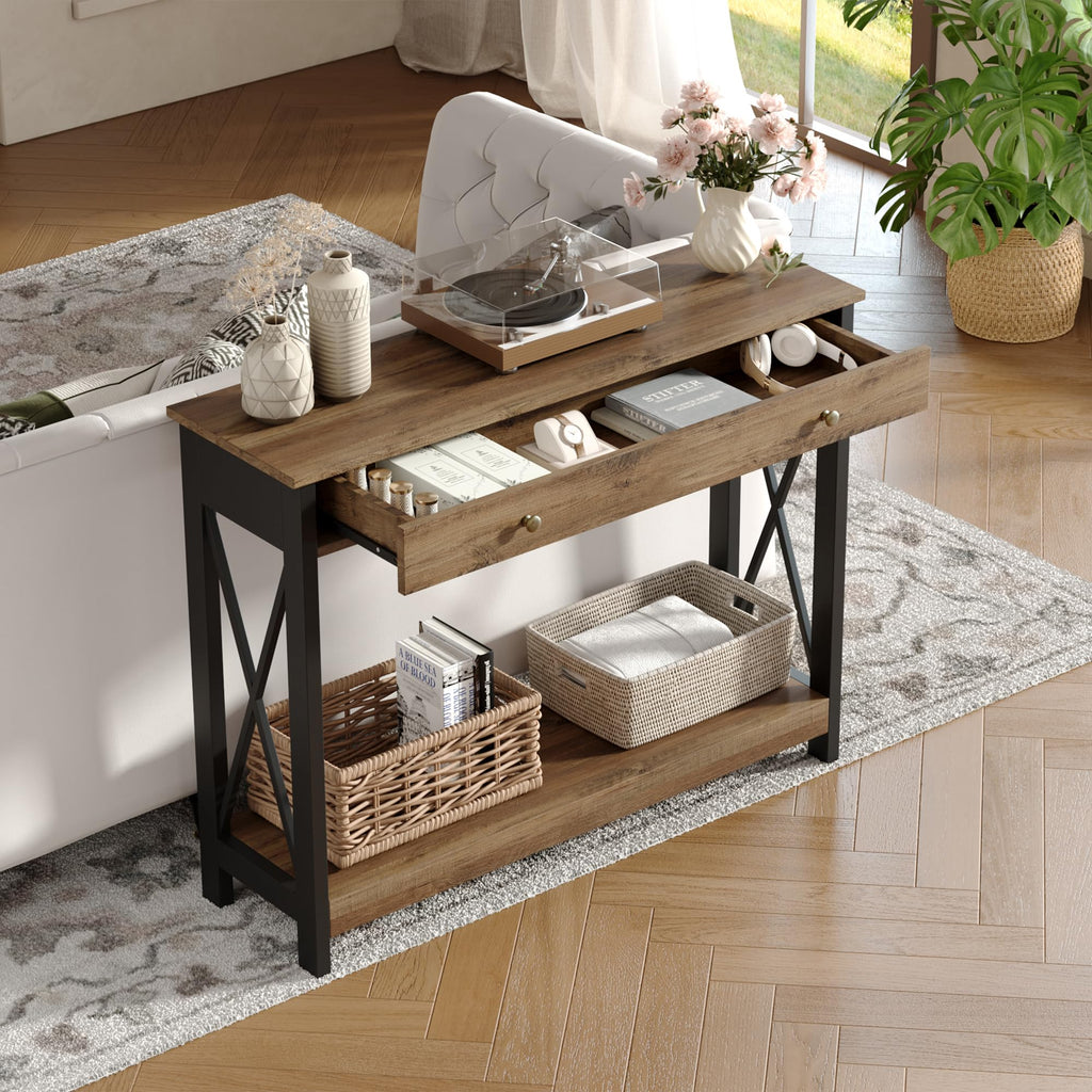 40" Farmhouse Console Table with Drawer and Storage Shelves