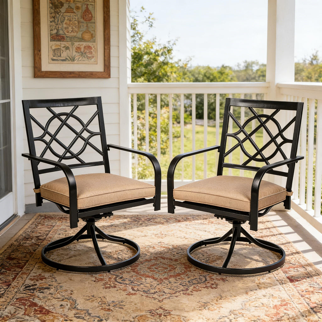 Outdoor Dining Swivel Chairs Set of 2, Metal Frame Patio Chair Rocker with Brown Cushion for Garden, Bistro