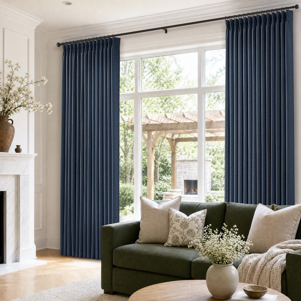 120 Inch Dark Blue Pinch Pleat Linen Blend Light Filtering Curtains 2 Panel
