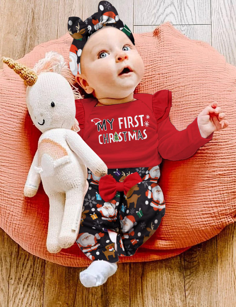 My First Christmas Baby Girl Outfit Snowman Print Romper Pant Sets