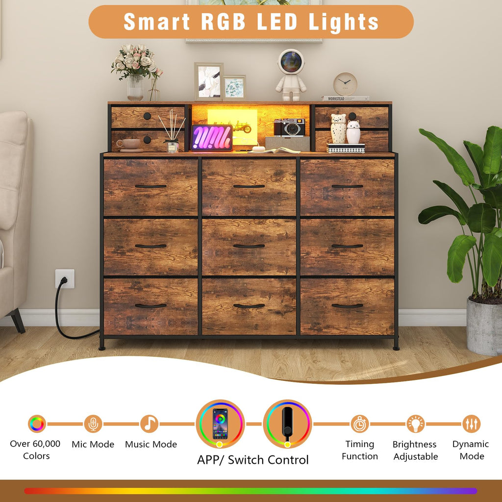 Rustic with Charging Station and LED Lights Large 13 Drawers Fabric Chest of Drawers Living Room Hallway Entryway