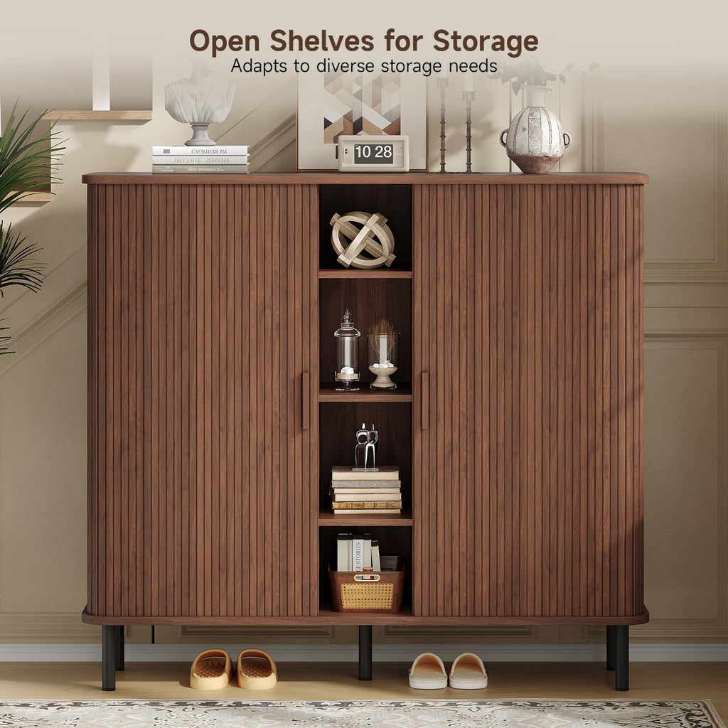 48" Large Shoe Cabinet with 2 Sliding Doors & Open Storage, Walnut