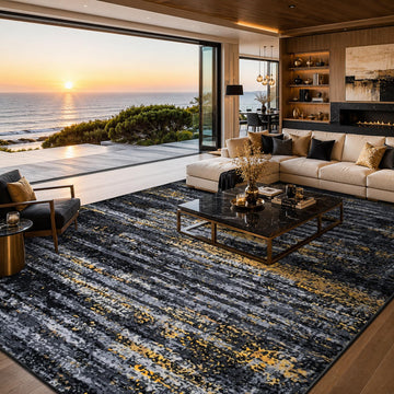 Washable Area Rug, Abstract Rug Black Gold