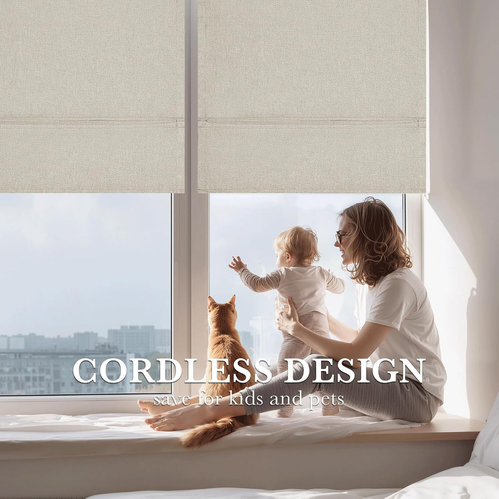 100%Blackout Roman Shades for Windows, Linen Fabric No Drill Magnetic Blind with Adhesive Tape, Thermal Insulation