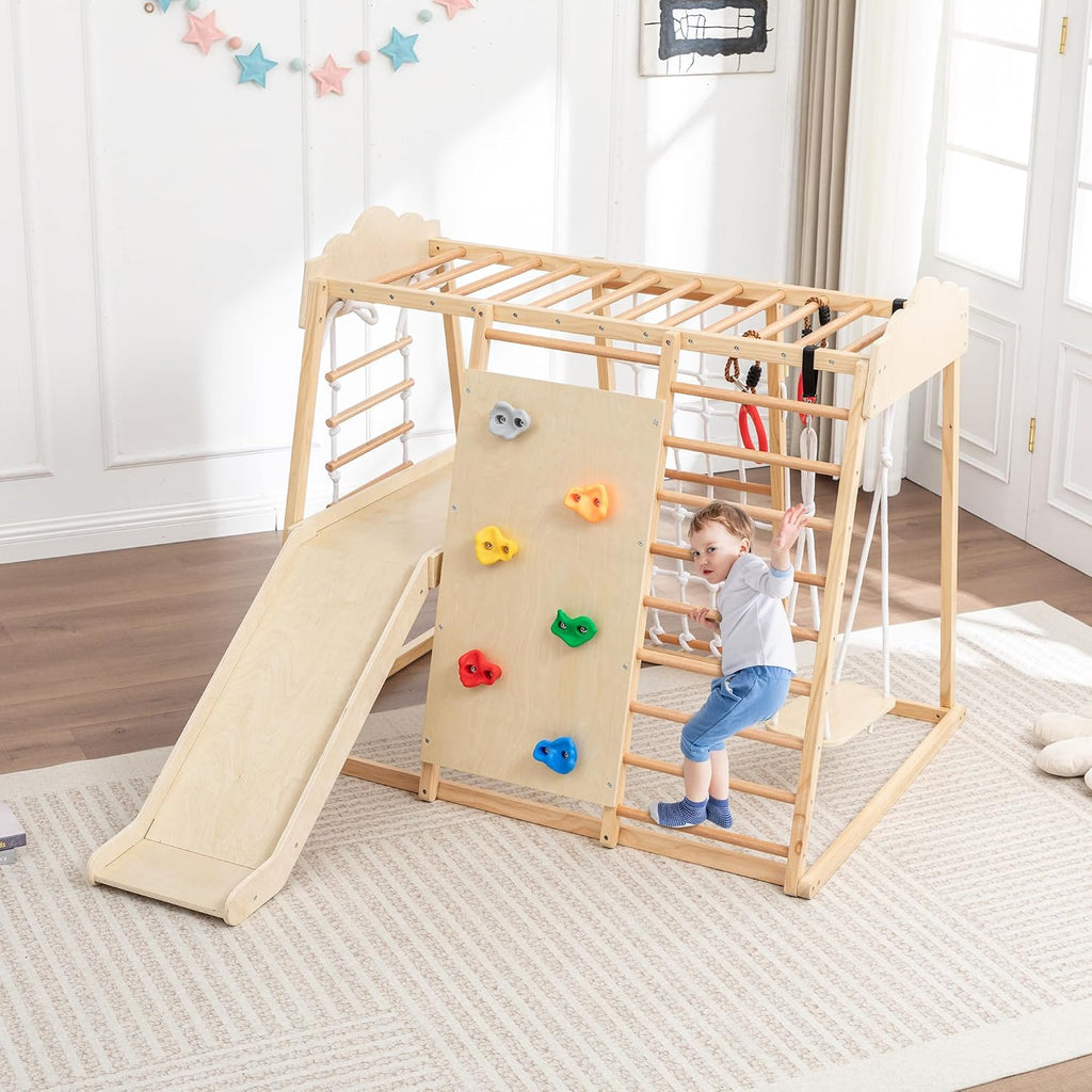 In-1 Wooden Indoor Jungle Gym for Toddlers, Montessori Climbing Playset with Slide, Swing, Climbing Net, Rings