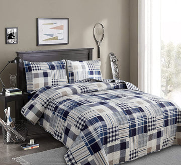 3 Pcs Patchwork Bedding Plaid Quilts Set Navy Blue Buffalo Bedspreads Summer Lightweight Coverlet with