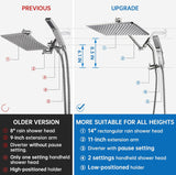 All Metal 14 Inches Rain Shower Head with Handheld Built-in Power Wash Mode, 3-way Diverter with Pause Setting