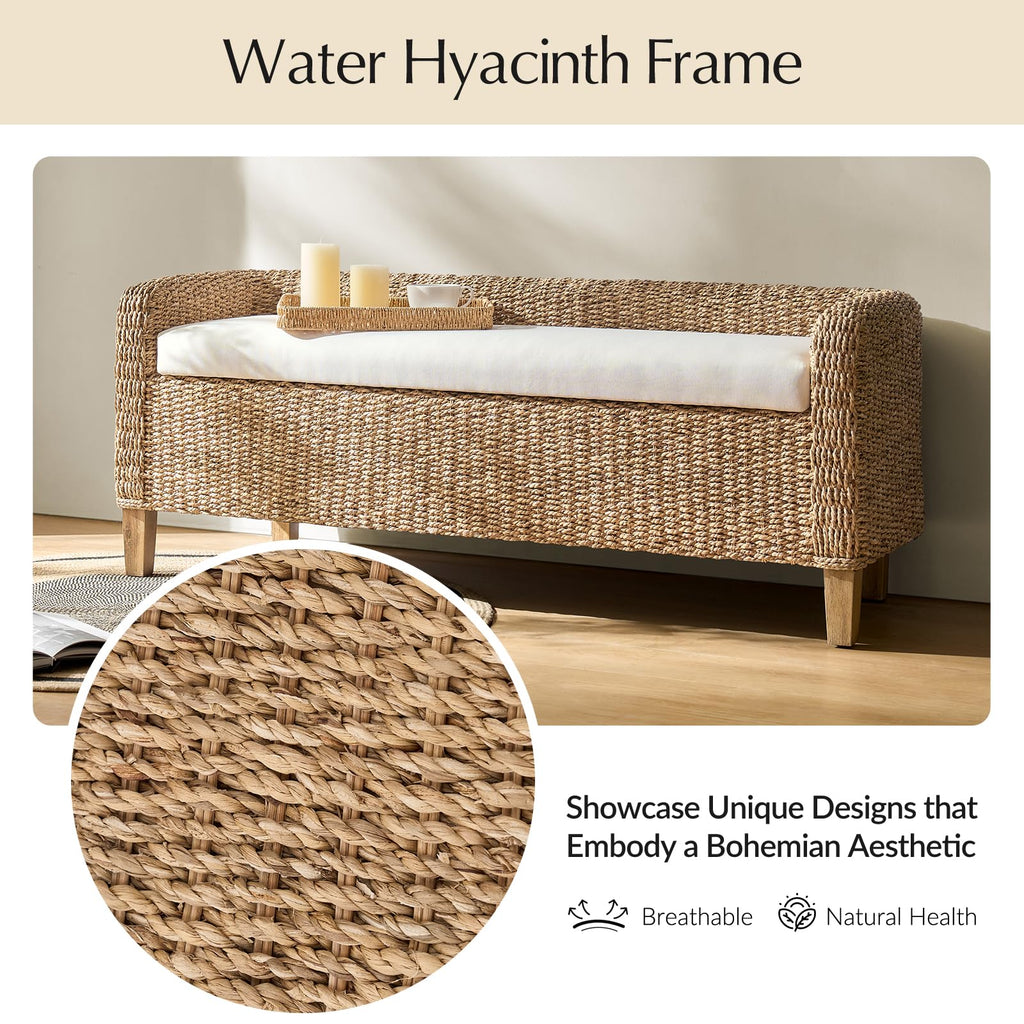 57" Rattan Storage Bench, Boho Wicker Bedroom Bench, Natural