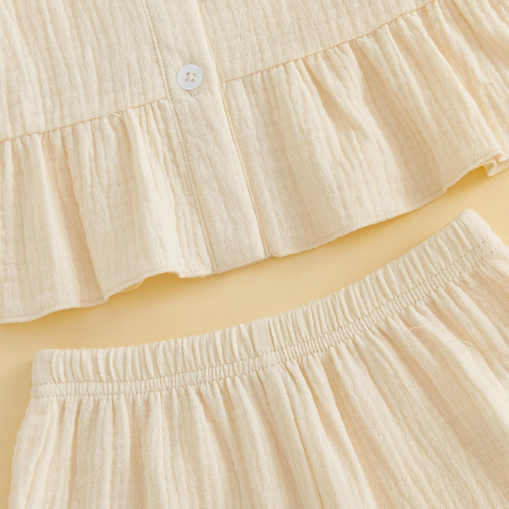 Baby Girl Button Down A-line Shirt Tops + Ruffled Shorts 2Pieces Clothes Set Cotton Gauze Solid Toddler Summer Outfit