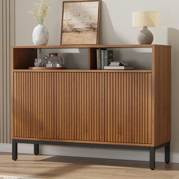 Fluted Sideboard Buffet Cabinet with Open Storage, Modern Large Credenza
