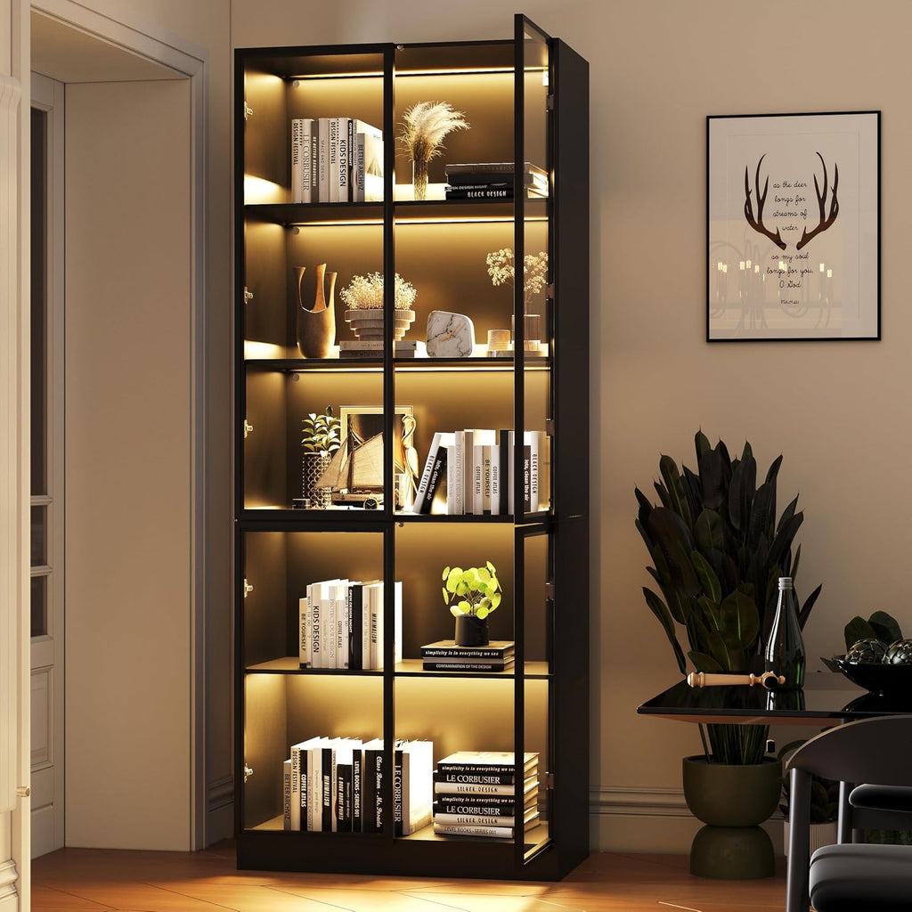 Wooden Display Storage Cabinet with Glass Door, LED Lights,Showcase for Collections, Perfume, Vinyl Albums, Bookcase