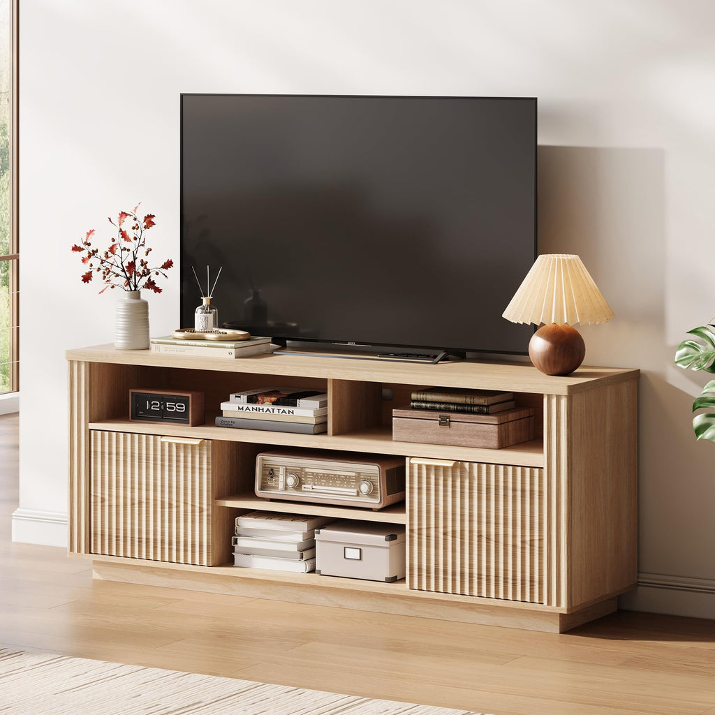 Mid Century Modern Fluted TV Stand for 65" TV, Natural Oak | Large Sturdy TV Console Table with with Storage Cabinet