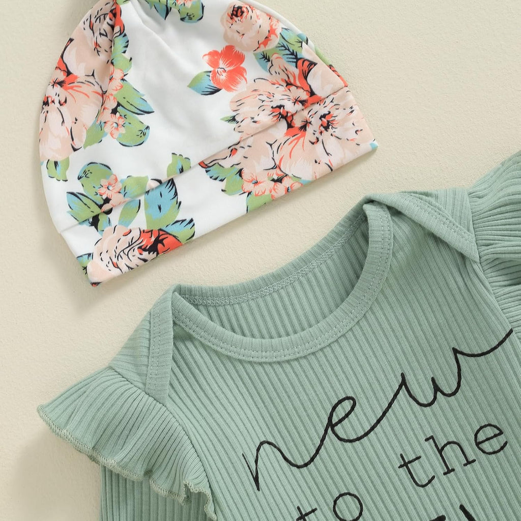 New To The Crew Baby Girl Outfit Newborn Coming Home From Hospital Outfits Ribbed Romper Bodysuit Floral Pants Set