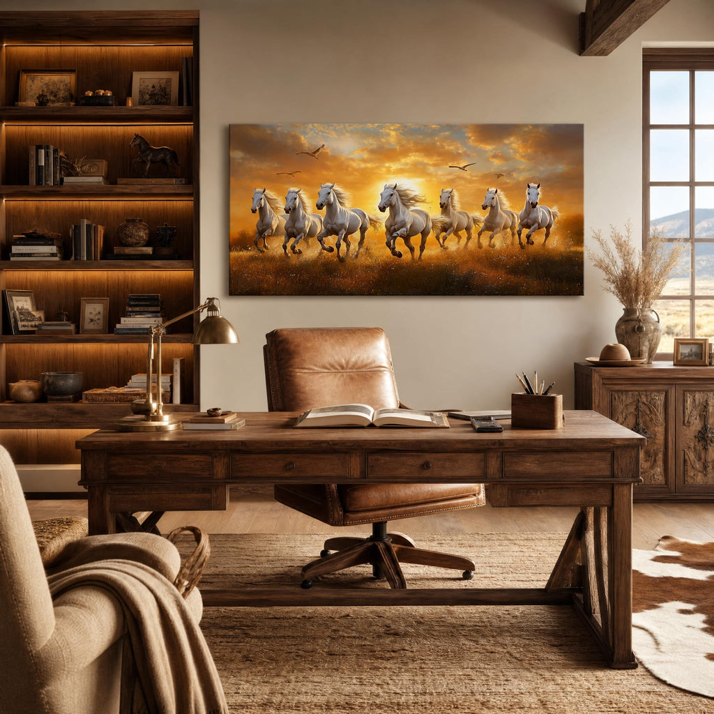 Sunrise Running Horses Canvas Wall Art Majestic White Stallions Galloping in Meadow Sunset Landscape Painting Print